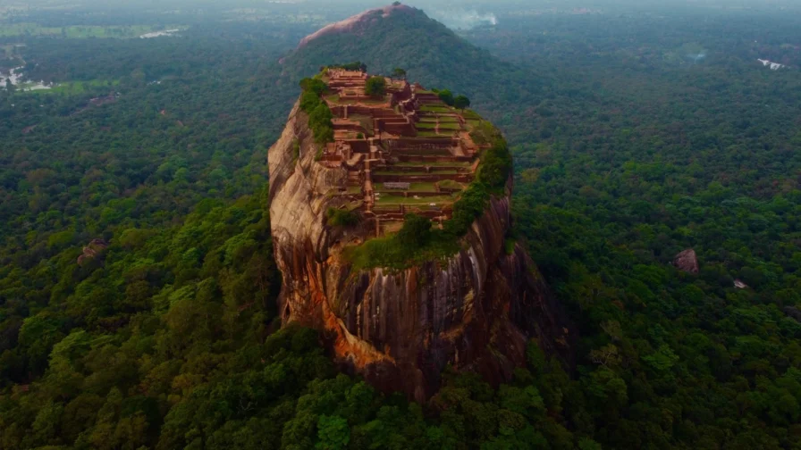 Imagen de una zona de selva en Sri Lanka en la que aparece en el centro una montaña con una zona poblada en su cima plana