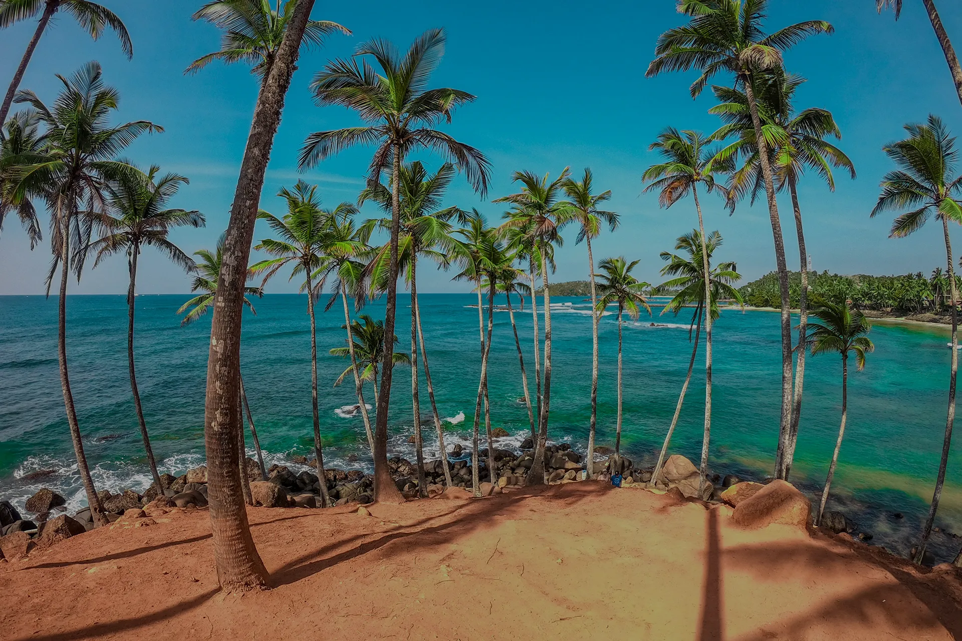 Imagen de la playa de Coconut Hill de Sri Lanka en la que aparece una playa de arena roja, un palmeral de cocoteros y al fondo el mar con tonos turquesas